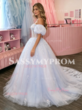 Puffy Sleeves A Line Appliques Purple Off The Shoulder Prom Dress