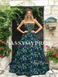 Strapless Beading Floral Green Tulle A Line Prom Dress