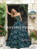 Strapless Beading Floral Green Tulle A Line Prom Dress