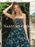 Strapless Beading Floral Green Tulle A Line Prom Dress