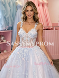Spaghetti Straps Tulle Appliques Purple A Line Prom Dress