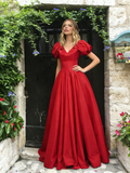 Short Sleeve V Neck Red A Line Satin Prom Dress