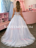 Spaghetti Straps Tulle Appliques Purple A Line Prom Dress