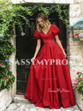 Short Sleeve V Neck Red A Line Satin Prom Dress