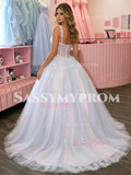 Spaghetti Straps Tulle Appliques Purple A Line Prom Dress