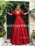 Short Sleeve V Neck Red A Line Satin Prom Dress