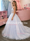 Spaghetti Straps Tulle Appliques Purple A Line Prom Dress