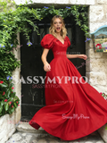 Short Sleeve V Neck Red A Line Satin Prom Dress