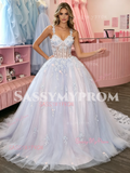 Spaghetti Straps Tulle Appliques Purple A Line Prom Dress