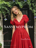 Short Sleeve V Neck Red A Line Satin Prom Dress