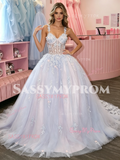 Spaghetti Straps Tulle Appliques Purple A Line Prom Dress
