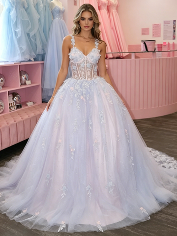Spaghetti Straps Tulle Appliques Purple A Line Prom Dress