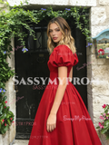 Short Sleeve V Neck Red A Line Satin Prom Dress