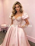 Pink Puffy Sleeve A Line Satin Beading Sweetheart Prom Dress