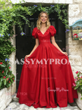 Short Sleeve V Neck Red A Line Satin Prom Dress