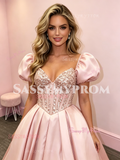 Pink Puffy Sleeve A Line Satin Beading Sweetheart Prom Dress