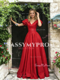 Short Sleeve V Neck Red A Line Satin Prom Dress
