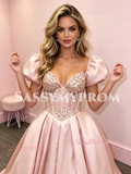 Pink Puffy Sleeve A Line Satin Beading Sweetheart Prom Dress