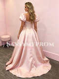 Pink Puffy Sleeve A Line Satin Beading Sweetheart Prom Dress