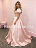 Pink Puffy Sleeve A Line Satin Beading Sweetheart Prom Dress