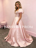 Pink Puffy Sleeve A Line Satin Beading Sweetheart Prom Dress