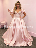 Pink Puffy Sleeve A Line Satin Beading Sweetheart Prom Dress