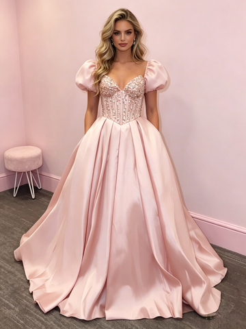 Pink Puffy Sleeve A Line Satin Beading Sweetheart Prom Dress