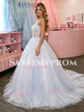 Sweetheart A Line Appliques Tulle Purple Prom Dress