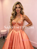 Halter Orange Beading Satin Beading A Line Prom Dress
