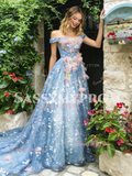 Tulle Blue A Line Flower Off The Shoulder Prom Dress