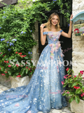 Tulle Blue A Line Flower Off The Shoulder Prom Dress