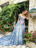 Tulle Blue A Line Flower Off The Shoulder Prom Dress