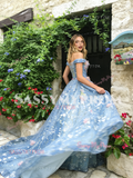 Tulle Blue A Line Flower Off The Shoulder Prom Dress