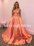 Halter Orange Beading Satin Beading A Line Prom Dress