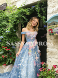 Tulle Blue A Line Flower Off The Shoulder Prom Dress