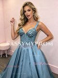 Straps Beading Blue Satin A Line Prom Dress