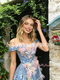 Tulle Blue A Line Flower Off The Shoulder Prom Dress
