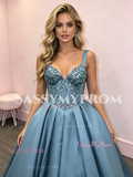 Straps Beading Blue Satin A Line Prom Dress