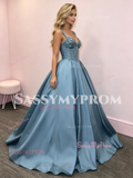 Straps Beading Blue Satin A Line Prom Dress