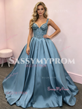 Straps Beading Blue Satin A Line Prom Dress