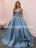 Straps Beading Blue Satin A Line Prom Dress