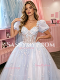 Short Sleeve Square Tulle Appliques Purple Prom Dress