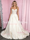 Lace Sweetheart White Sheer Satin A Line Prom Dress
