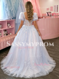 Short Sleeve Square Tulle Appliques Purple Prom Dress
