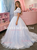 Short Sleeve Square Tulle Appliques Purple Prom Dress