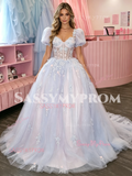 Short Sleeve Square Tulle Appliques Purple Prom Dress