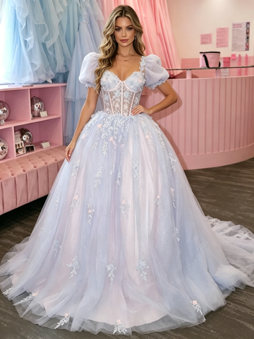Short Sleeve Square Tulle Appliques Purple Prom Dress