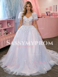 Short Sleeve Square Tulle Appliques Purple Prom Dress