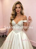 Beige Off The Shouler Beading A Line Satin Prom Dress