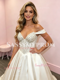 Beige Off The Shouler Beading A Line Satin Prom Dress